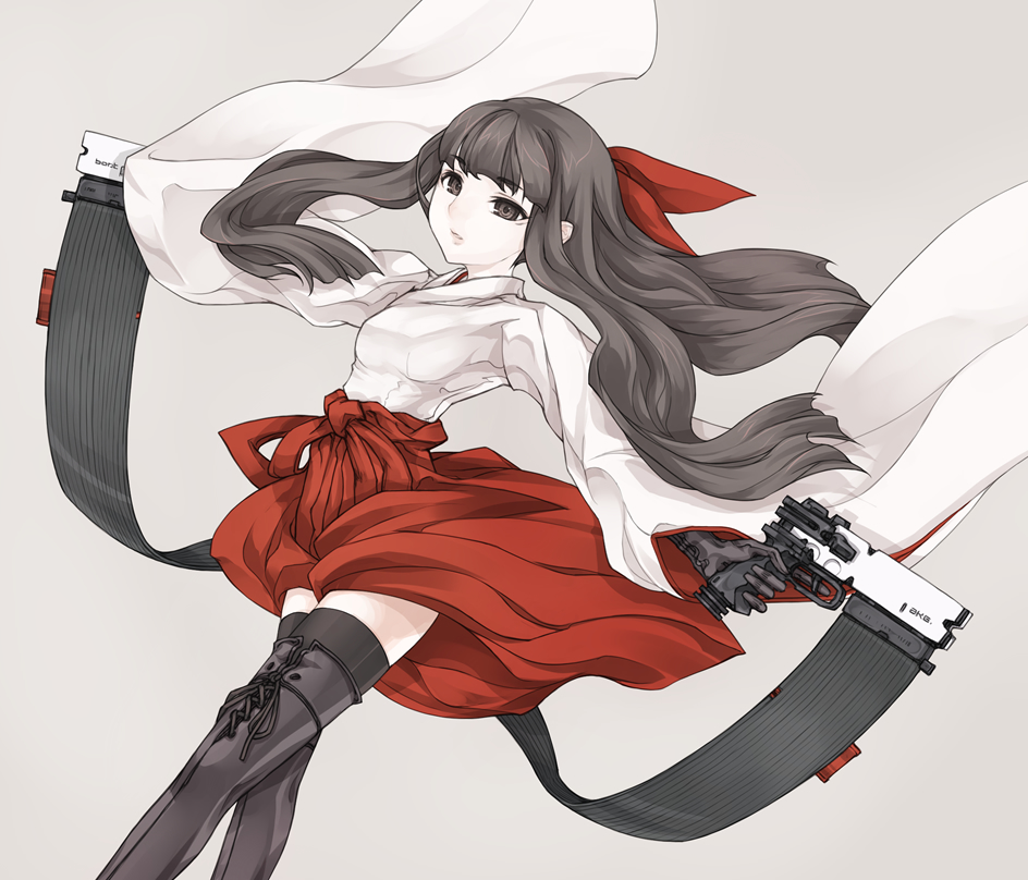 kazuoki, 1girl, black eyes, black hair, boots, cable, dual wielding, dutch angle, female focus, gloves, gun, hair ribbon, hakama, hakama skirt, handgun, holding, japanese clothes, long hair, miko, pistol, red hakama, ribbon, simple background, skirt, solo, thigh boots, thighhighs, weapon, wind