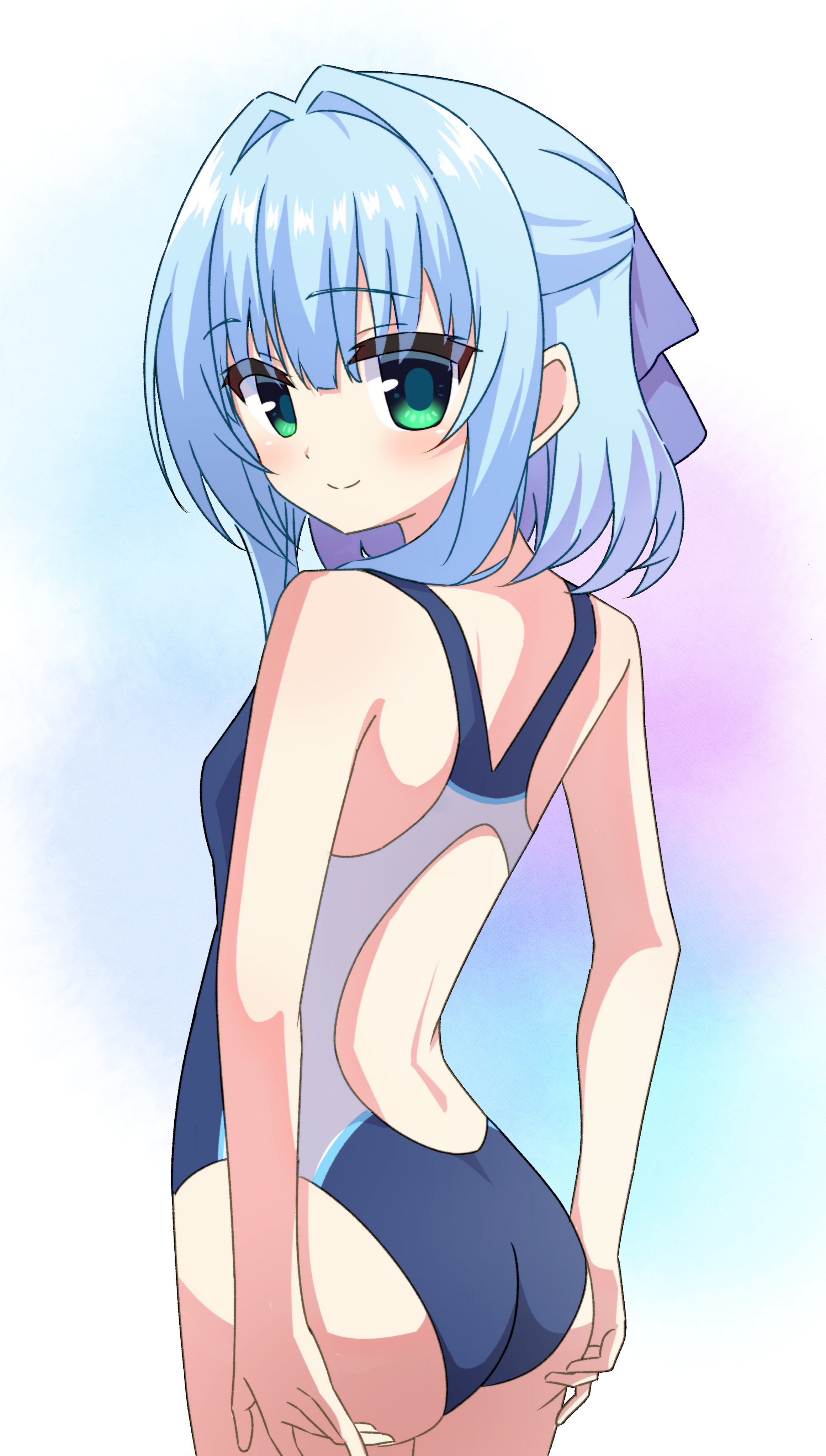 rishac owo, nishiki asumi, hamidashi creative, absurdres, commentary request, commission, highres, 1girl, alternate costume, arms behind back, ass, back, bare arms, bare shoulders, blue background, blue hair, blue one-piece swimsuit, blunt bangs, blush, breasts, closed mouth, competition swimsuit, cowboy shot, eyes visible through hair, from behind, green eyes, hair between eyes, hair intakes, hair over shoulder, hair ribbon, half updo, hands on own ass, looking at viewer, looking back, medium hair, one-piece swimsuit, purple ribbon, ribbon, sidelocks, simple background, small breasts, smile, solo, split mouth, swimsuit