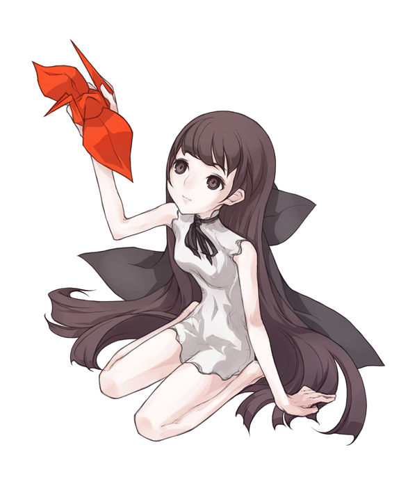 kazuoki, original, 1girl, female focus, hair ribbon, long hair, origami, paper crane, ribbon, simple background, sitting, solo, very long hair, wariza