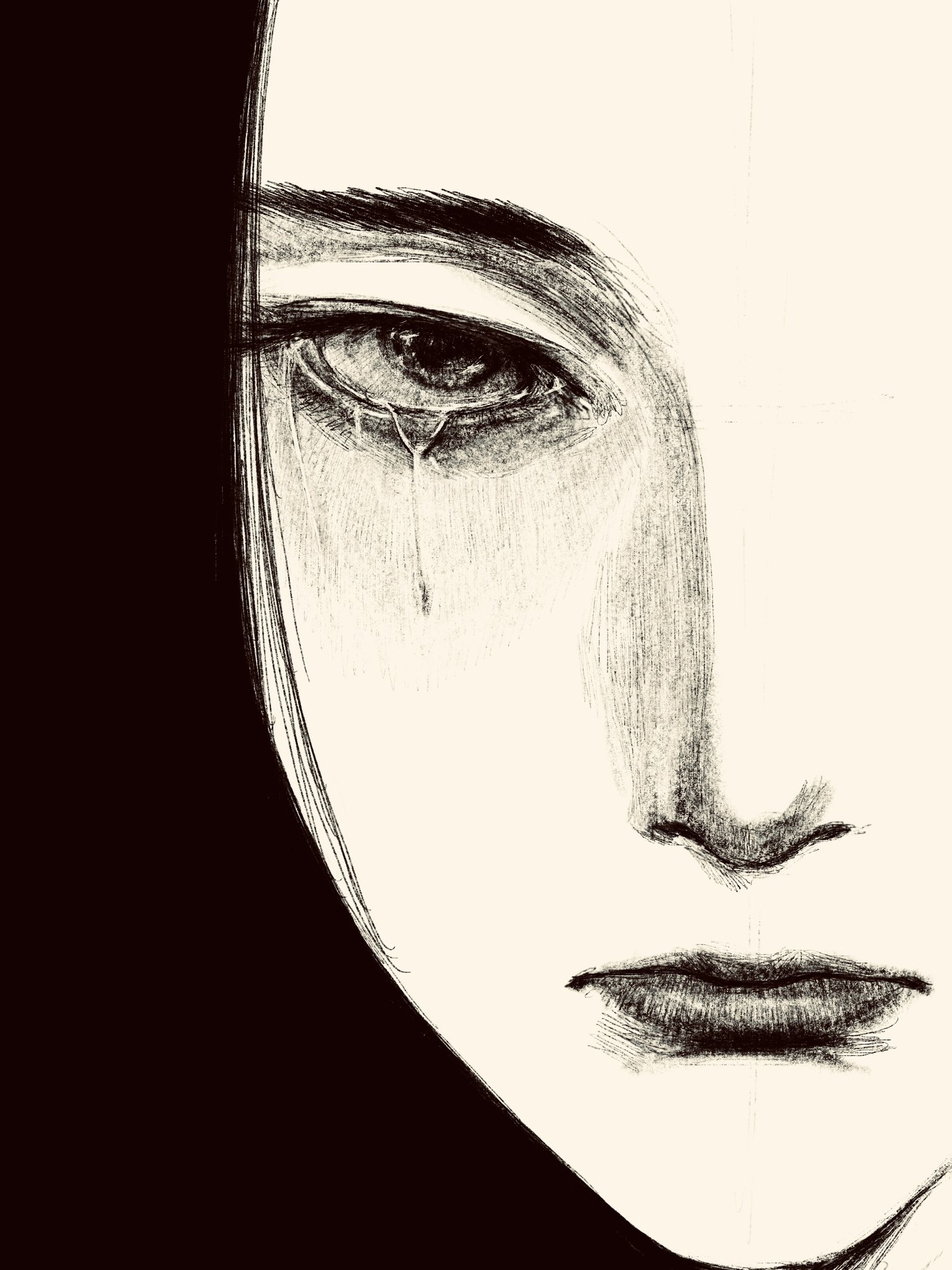 tp p pt, original, highres, 1girl, black background, black hair, black outline, greyscale, long hair, looking at viewer, monochrome, outline, portrait, solo, straight-on, tears