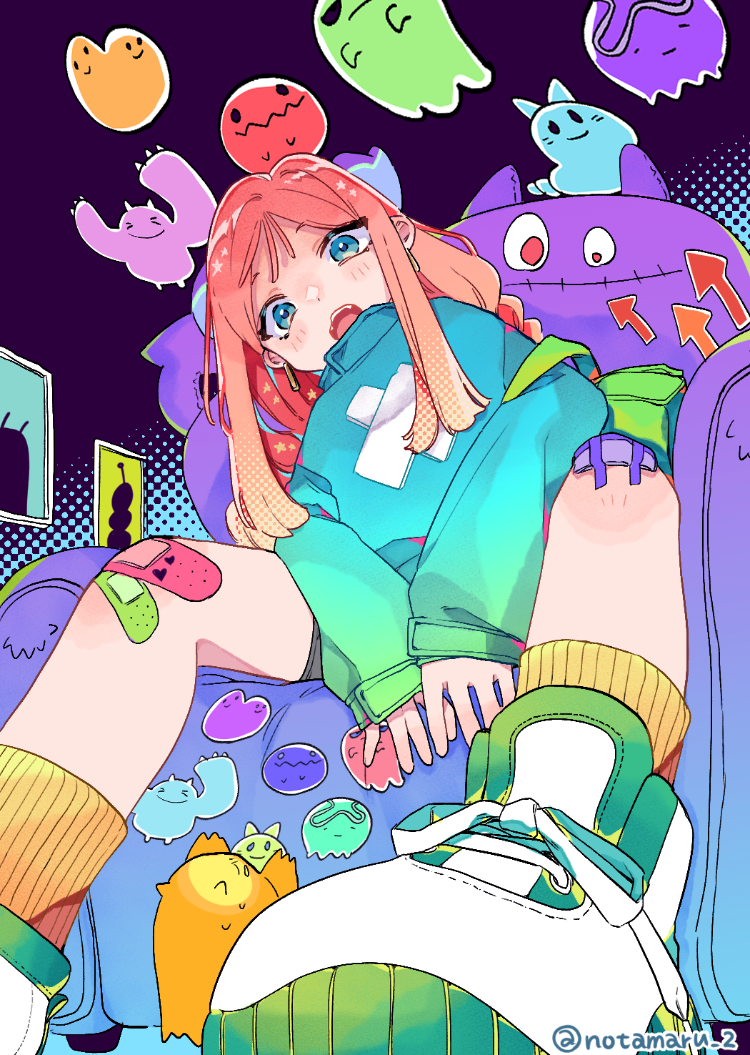 notamaru 2, original, commentary request, highres, 1girl, blue eyes, blue shirt, blush, foot out of frame, green shoes, long hair, long sleeves, looking at viewer, open mouth, pink hair, ribbed socks, shirt, shoes, sitting, sneakers, socks, solo, yellow socks