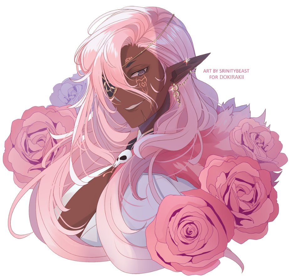 srinitybeast, original, commission, 1boy, artist name, dark-skinned male, dark skin, ear piercing, earrings, eyepatch, flower, gold earrings, grey eyes, grin, jewelry, long hair, male focus, piercing, pink flower, pink hair, pink rose, pointy ears, portrait, rose, simple background, smile, solo, white background
