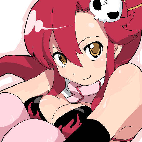 takenashi eri, yoko littner, tengen toppa gurren lagann, lowres, 00s, bra, breasts, cleavage, lingerie, long hair, oekaki, ponytail, red hair, solo, thighhighs, underwear, yellow eyes