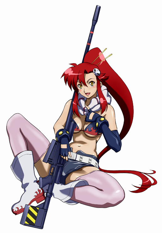 morisu, yoko littner, tengen toppa gurren lagann, striped, 00s, 1girl, :d, anti-materiel rifle, asymmetric gloves, asymmetrical gloves, belt, bikini, bikini top only, black shorts, blush, boots, breasts, female focus, fingerless gloves, flame print, full body, gloves, gun, hair ornament, hair stick, large breasts, long hair, looking at viewer, open mouth, pink thighhighs, ponytail, red hair, rifle, scarf, shorts, simple background, sitting, skull hair ornament, smile, sniper rifle, solo, swimsuit, thighhighs, underboob, uneven gloves, very long hair, weapon, white background, yellow eyes