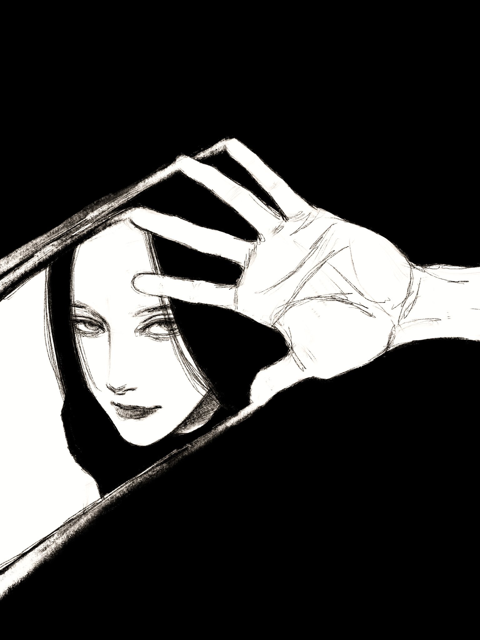 tp p pt, original, highres, 1girl, black background, black hair, greyscale, hand up, long hair, looking at viewer, monochrome, open hand, solo