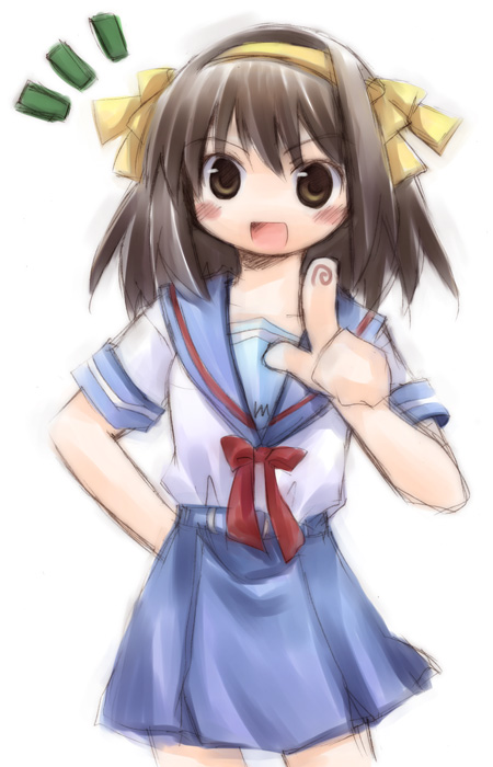 line miyako, suzumiya haruhi, suzumiya haruhi no yuuutsu, 00s, brown hair, school uniform, serafuku, short hair