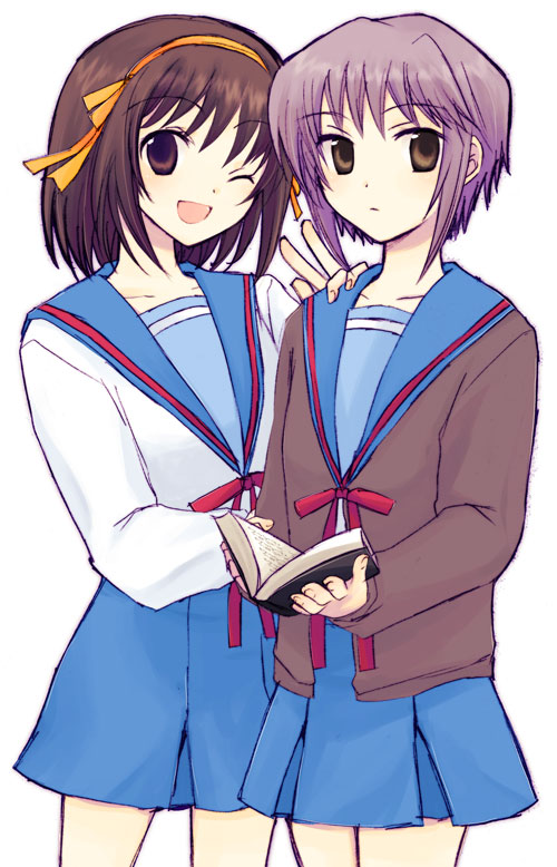 shima tokio, nagato yuki, suzumiya haruhi, suzumiya haruhi no yuuutsu, 00s, book, brown hair, cardigan, school uniform, serafuku, short hair