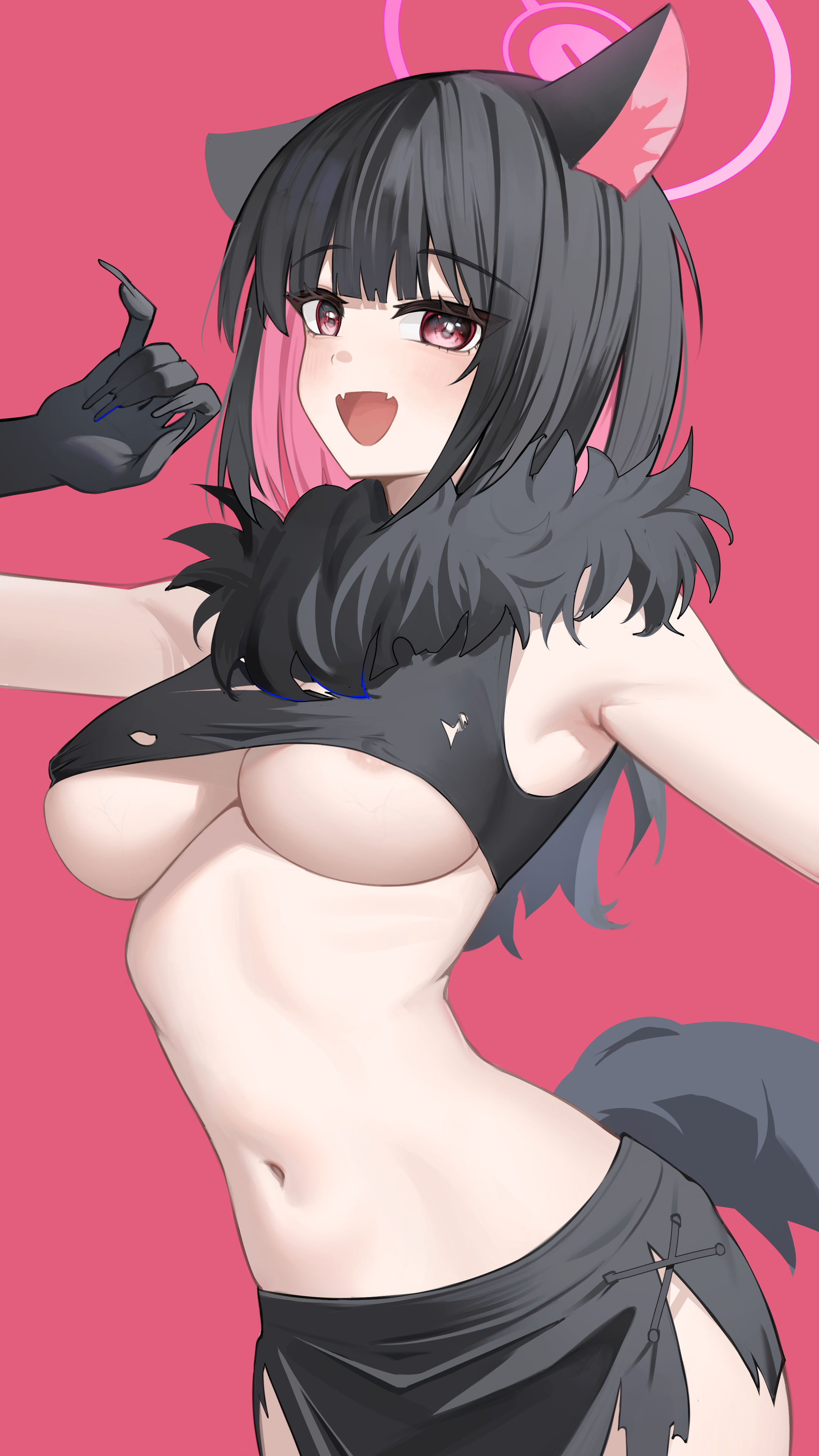 happy05x, kazusa (blue archive), kazusa (halloween) (blue archive), blue archive, absurdres, highres, 1girl, animal ears, areola slip, black gloves, black hair, black skirt, blush, breasts, cat ears, cat girl, colored inner animal ears, colored inner hair, extra ears, fur scarf, fur sleeves, gloves, halo, large breasts, looking at viewer, multicolored hair, navel, pink hair, pink halo, red eyes, shirt, short hair, simple background, skirt, solo, stomach, torn clothes, torn shirt, torn skirt, underboob, werewolf costume