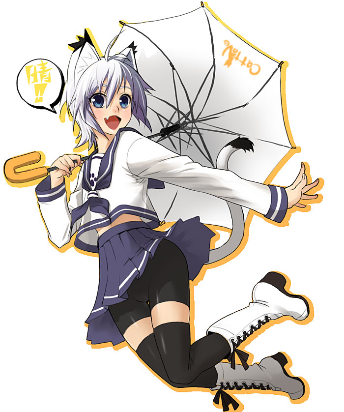takano saki, original, 1girl, :d, ahoge, animal ears, bike shorts, black thighhighs, blue eyes, boots, cat ears, cat tail, clothes lift, fang, female focus, grey hair, high heel boots, high heels, lace-up boots, midriff, open mouth, outstretched arm, outstretched hand, pleated skirt, school uniform, serafuku, short hair, skindentation, skirt, skirt lift, smile, solo, tail, thighhighs, umbrella, zettai ryouiki