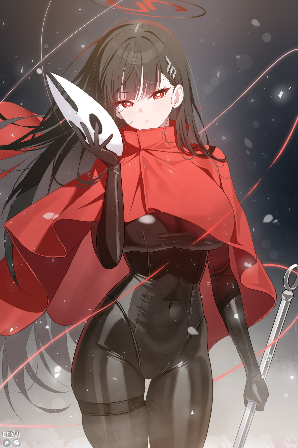deyui, hornet (hollow knight), rio (blue archive), blue archive, hollow knight, hollow knight: silksong, commentary, highres, symbol-only commentary, 1girl, black hair, black leotard, black pantyhose, bright pupils, character mask, cloak, cosplay, covered navel, cowboy shot, halo, holding, holding mask, holding sword, holding weapon, horned mask, hornet (hollow knight) (cosplay), leotard, long hair, looking at viewer, mask, needle (hollow knight), pantyhose, parted lips, red cloak, red eyes, ringed eyes, solo, straight-on, sword, thigh strap, very long hair, weapon, white mask, white pupils