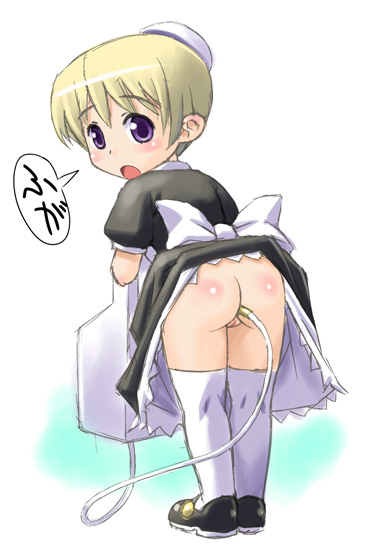 higuchi isami, flandre (kaibutsu oujo), kaibutsu oujo, 00s, 1girl, :o, anal, android, ass, blonde hair, bow, butt plug, clothes lift, dress, dress lift, female focus, from behind, full body, hat, loli, looking back, maid, no panties, open mouth, purple eyes, pussy, sex toy, short hair, solo, standing, surprised, thighhighs, uncensored, white background, white thighhighs