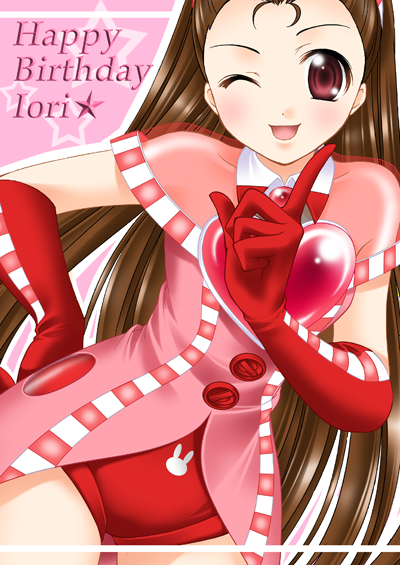 itsuki sayaka, minase iori, idolmaster, idolmaster (classic), idolmaster 1, 00s, 1girl, blush, brown hair, character name, cosmic & funny (idolmaster), elbow gloves, female focus, gloves, hand on own hip, index finger raised, looking at viewer, one eye closed, red eyes, smile, solo