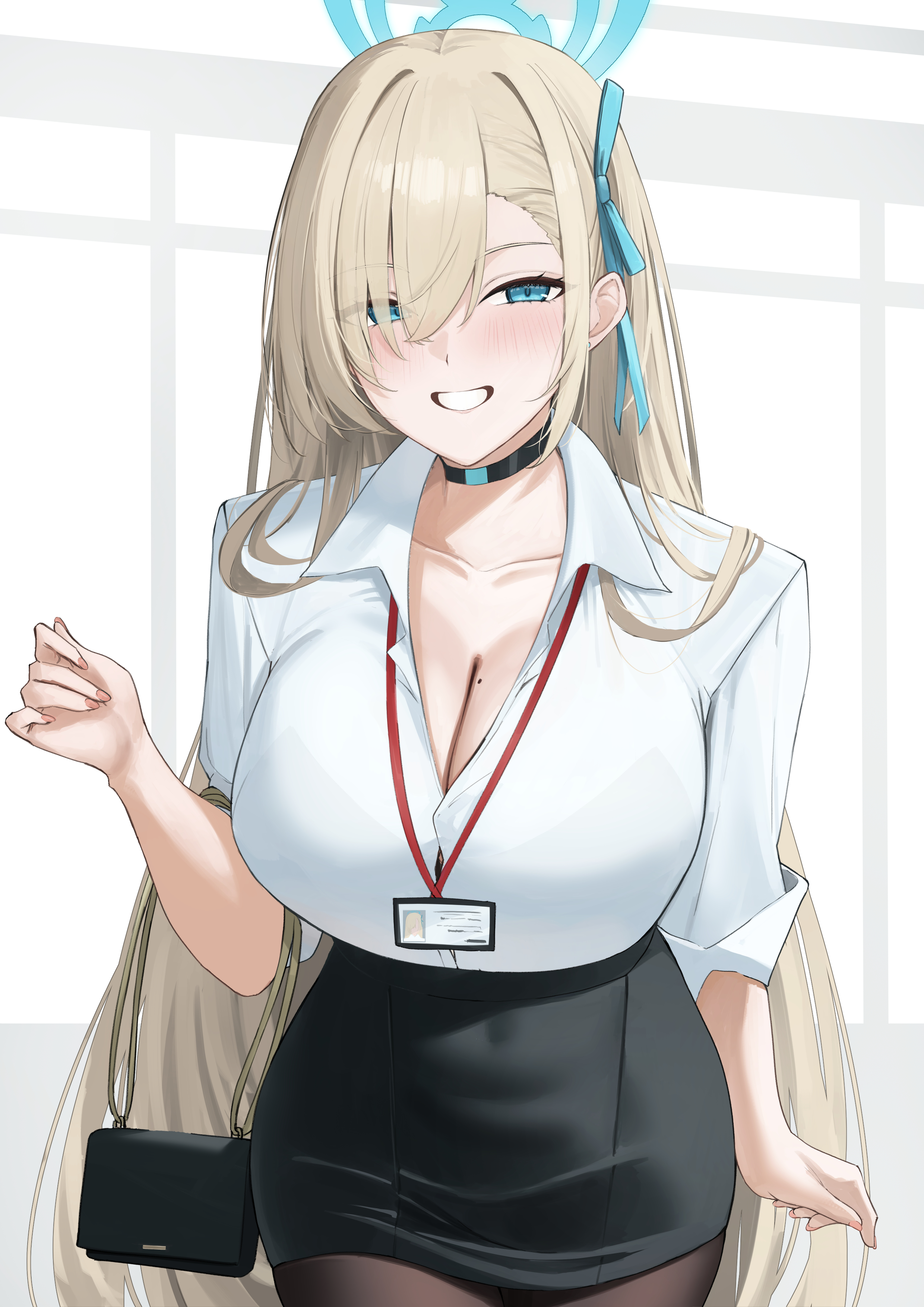 ref (pmxt4483), asuna (blue archive), blue archive, absurdres, highres, 1girl, black skirt, blonde hair, blue eyes, blue ribbon, blush, breasts, choker, cleavage, collared shirt, grin, hair over one eye, hair ribbon, halo, large breasts, long hair, looking at viewer, office lady, pencil skirt, ribbon, shirt, skirt, smile, solo, very long hair, white shirt