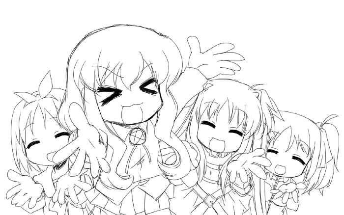 mukaibi aoi, lucky star, motteke! serafuku, 4girls, greyscale, monochrome, multiple girls, parody