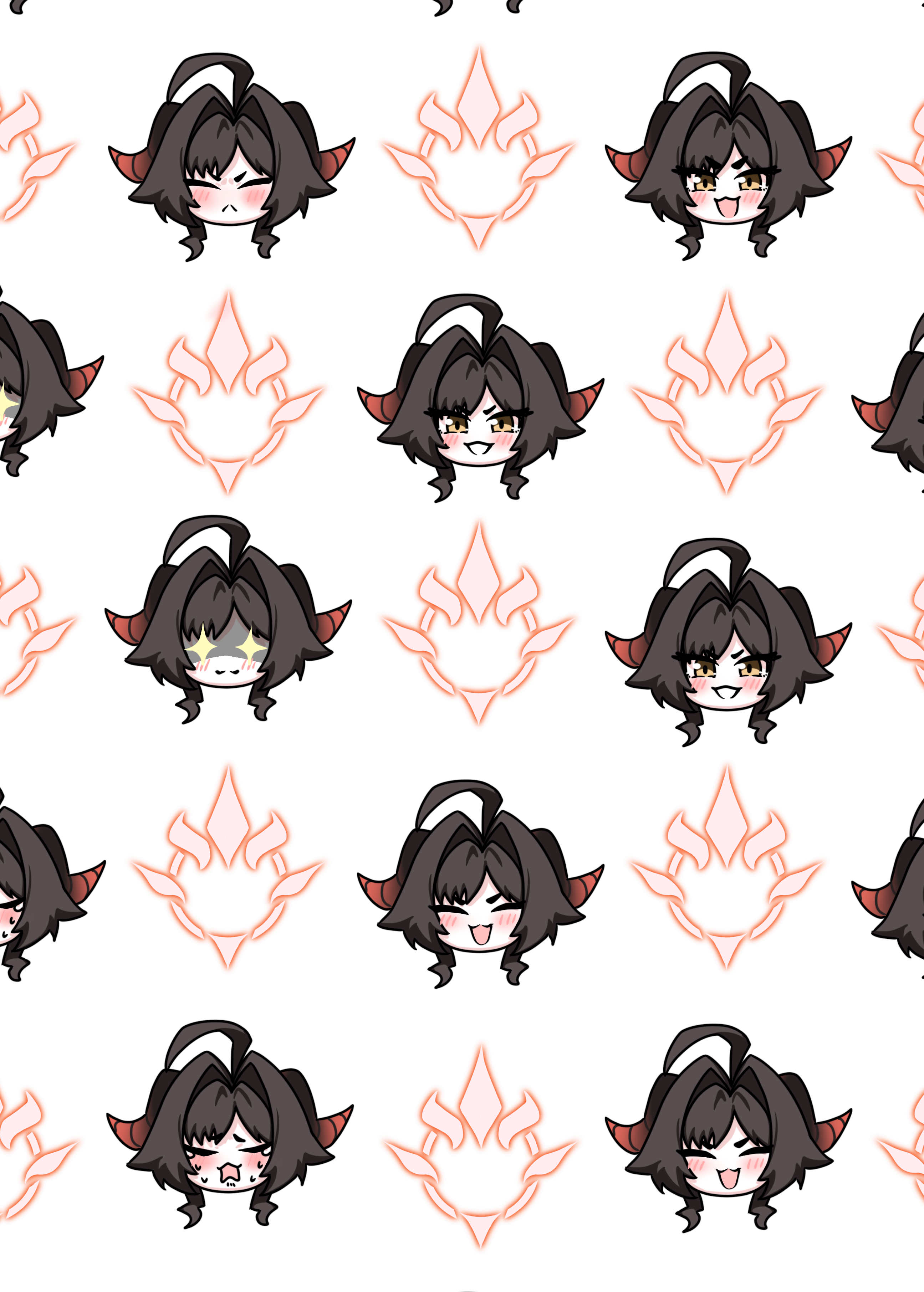 tomimon, kasumi (blue archive), blue archive, absurdres, highres, + +, 1girl, :<, :3, ahoge, black hair, blush, closed eyes, closed mouth, demon girl, demon horns, hair intakes, halo, horns, long hair, open mouth, parted lips, red halo, red horns, simple background, smile, transparent background, yellow eyes
