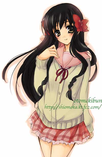 sanshoku amido, minamoto chikaru, strawberry panic!, 00s, 1girl, black hair, braid, female focus, hair ribbon, long hair, long sleeves, ribbon, school uniform, simple background, skirt, solo, watermark, web address, white background, yellow eyes