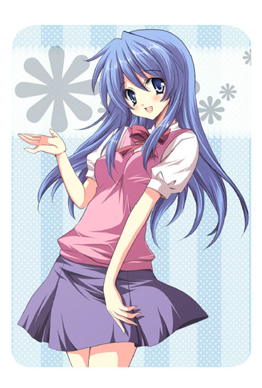 yukiwo, miyuki (ordyne), ordyne, 1girl, black hair, blue eyes, blue hair, female focus, long hair, looking at viewer, matching hair/eyes, open mouth, skirt, smile, solo, sweater, sweater vest, vest