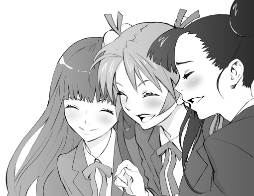 nekoi mie, kagurazaka asuna, konoe konoka, sakurazaki setsuna, mahou sensei negima!, 00s, 3girls, ahoge, bell, blush, closed eyes, couple, greyscale, hair ornament, hair ribbon, hair up, happy, hime cut, jacket, laughing, long hair, monochrome, multiple girls, open mouth, ponytail, ribbon, school uniform, side ponytail, smile, twintails
