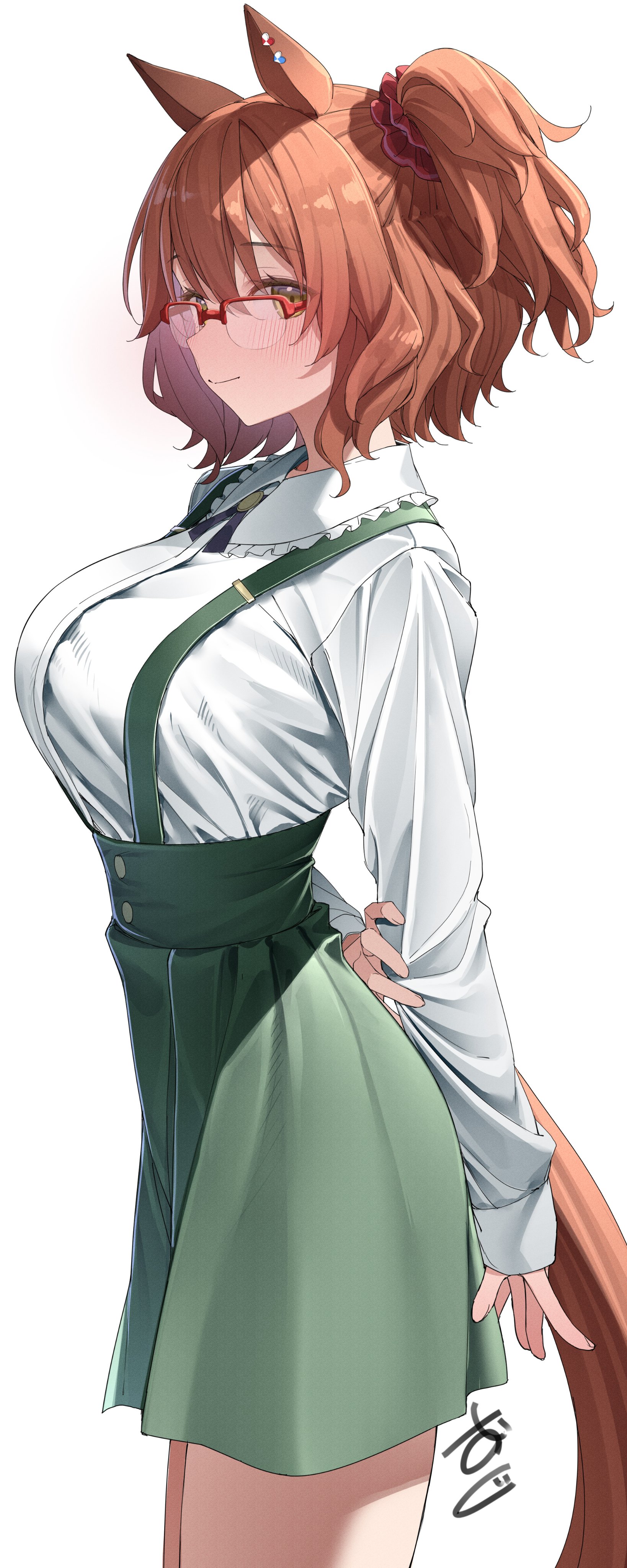 kawai ritsu (rits meg), aston machan (umamusume), umamusume, absurdres, commentary request, highres, 1girl, arm behind back, blush, breasts, brown eyes, brown hair, brown tail, closed mouth, collared shirt, ear ornament, frilled shirt collar, frills, glasses, green skirt, hair ornament, large breasts, long sleeves, looking at viewer, one side up, red-framed eyewear, semi-rimless eyewear, shirt, shirt tucked in, simple background, skirt, smile, solo, suspender skirt, suspenders, white background, white shirt