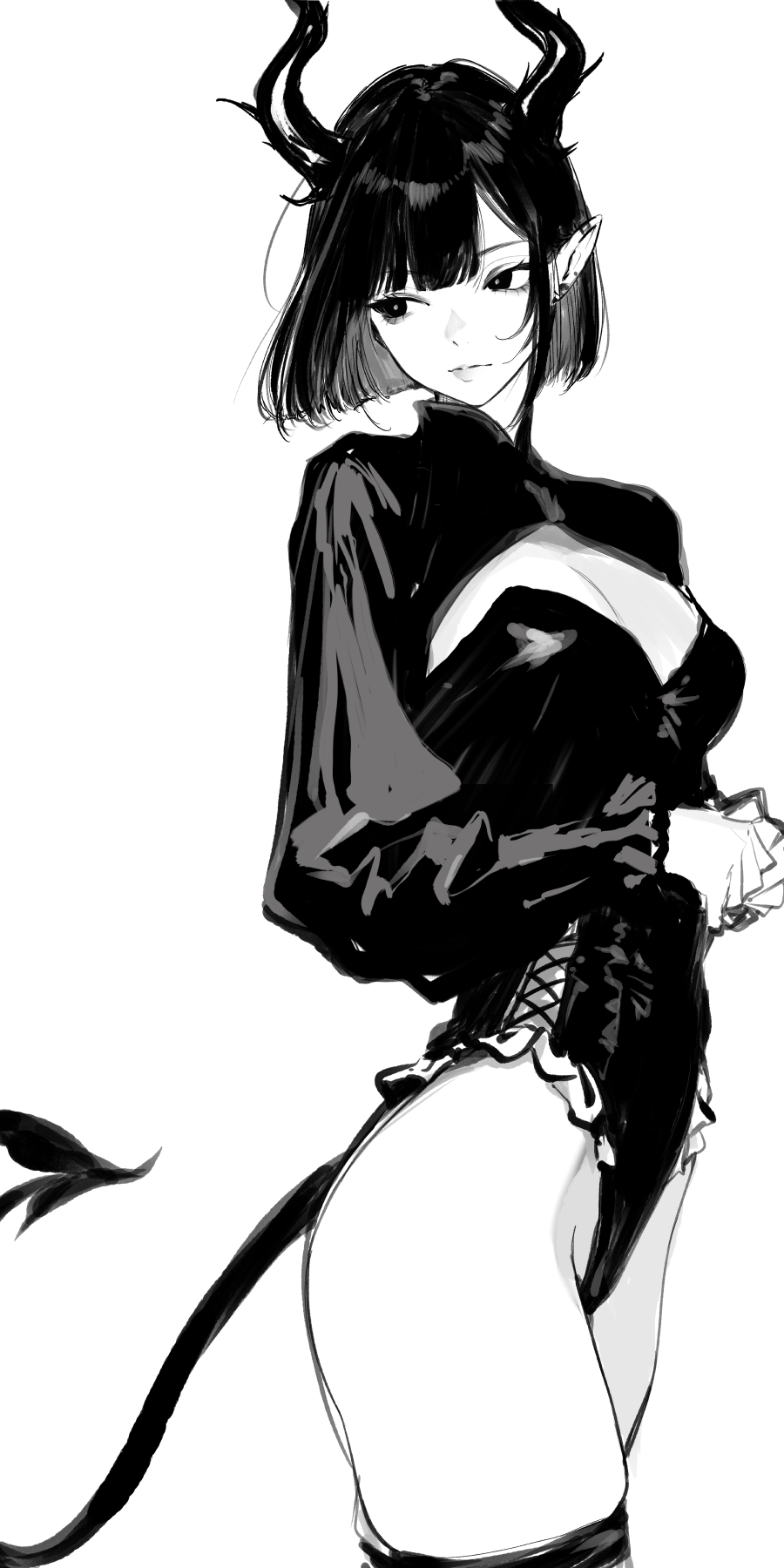 warabino matsuri, original, commentary request, highres, 1girl, black hair, breasts, cross-laced clothes, demon girl, demon horns, demon tail, from side, greyscale, highleg, horns, large breasts, looking back, medium hair, monochrome, pointy ears, sketch, solo, tail, thighhighs, white background
