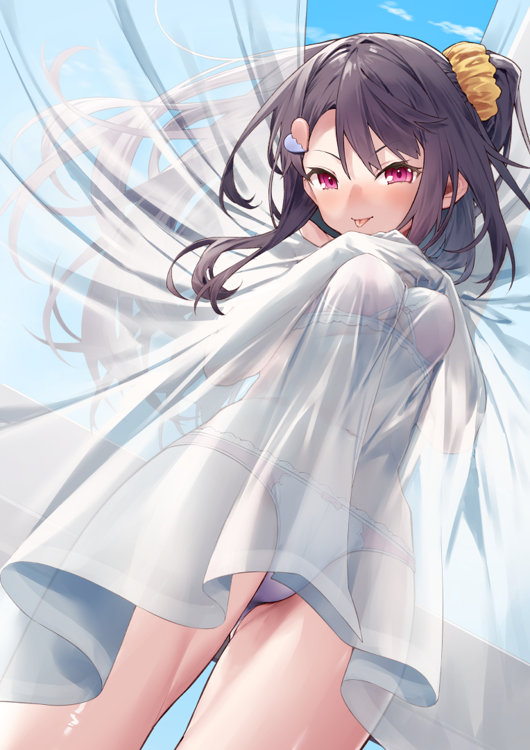 tokuno yuika, original, commentary request, 1girl, blush, bra, breasts, brown hair, closed mouth, cowboy shot, curtains, hair ornament, hair scrunchie, heart, heart hair ornament, long hair, looking at viewer, navel, one side up, panties, pink bra, pink eyes, pink panties, scrunchie, small breasts, solo, tongue, tongue out, underwear, underwear only, yellow scrunchie