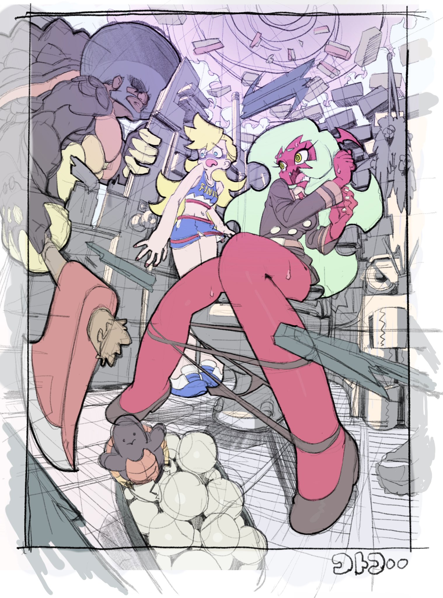 cotogochan, garterbelt (psg), panty (psg), scanty (psg), panty & stocking with garterbelt, highres, 1boy, 2girls, african clothes, axe, blonde hair, green hair, holding, holding axe, multiple girls, paper roll, tennis, turtle