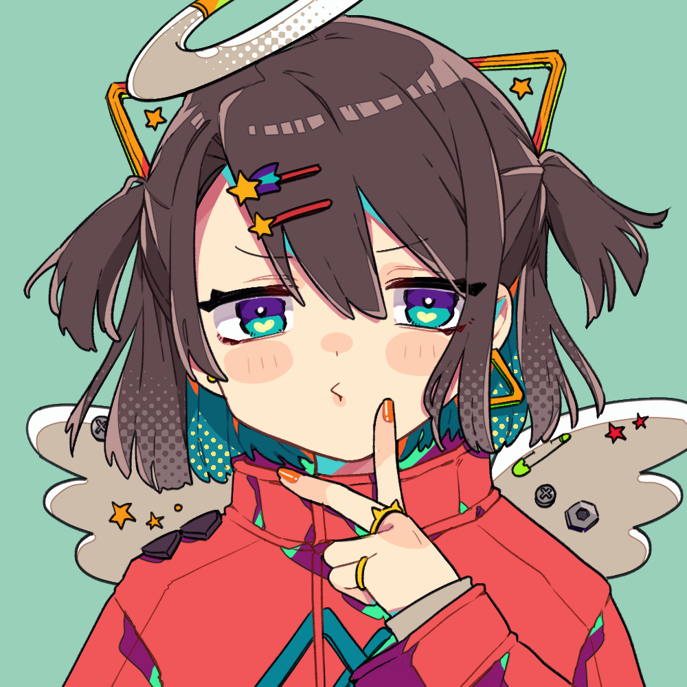 notamaru 2, original, commentary request, 1girl, blush stickers, brown hair, closed mouth, green background, green eyes, hair between eyes, hair ornament, hairclip, halo, hand up, long sleeves, looking at viewer, nail polish, orange nails, parallel hairclips, portrait, red shirt, shirt, short hair, simple background, solo, two side up, white halo, white wings, wings