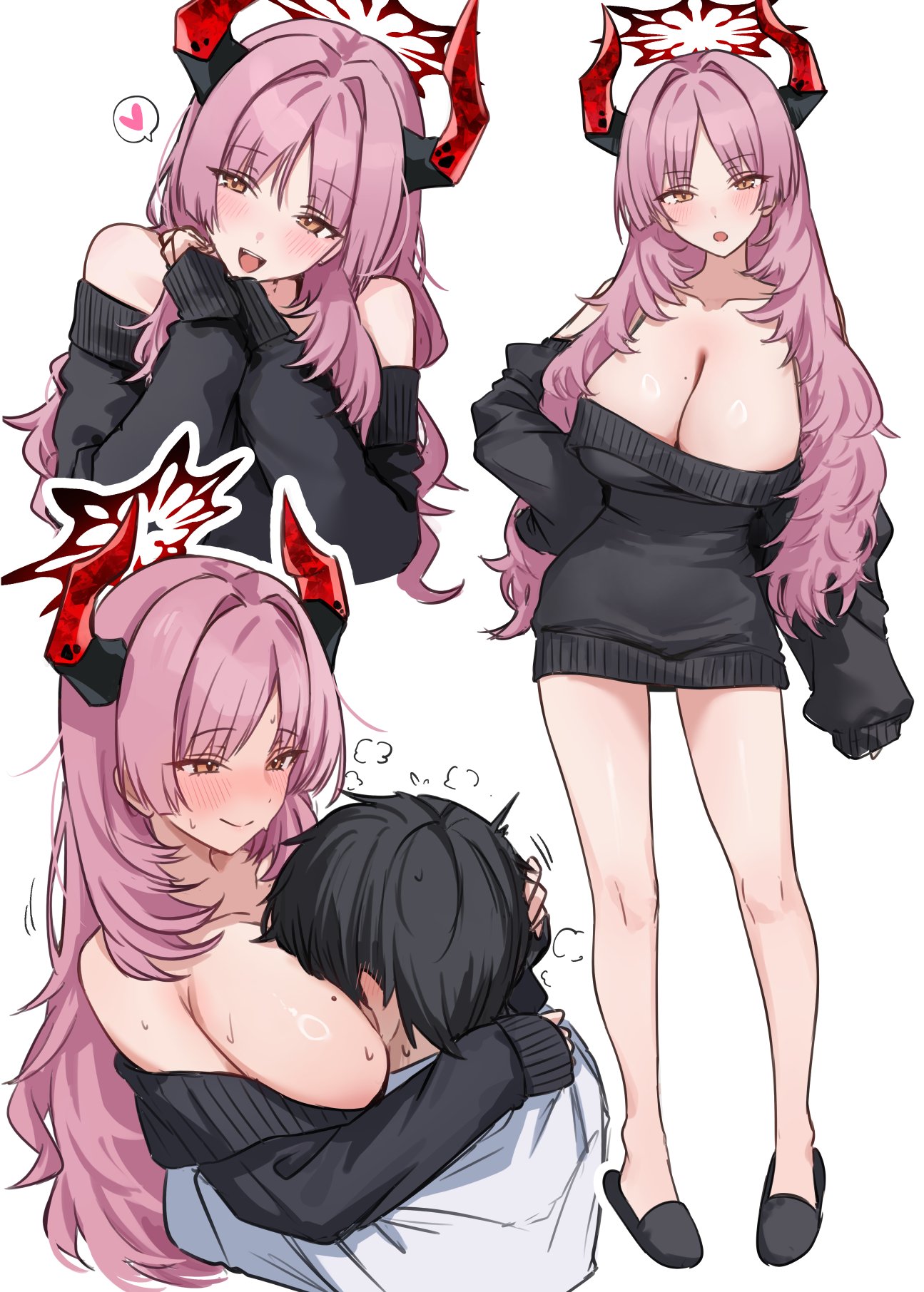 holika baby, satsuki (blue archive), blue archive, commentary request, highres, 1boy, 1girl, alternate costume, between breasts, black sweater, breasts, closed mouth, contrapposto, demon girl, demon horns, dress, full body, halo, head between breasts, horns, mole, mole on breast, multiple views, open mouth, orange eyes, pink hair, red halo, red horns, standing, sweater, sweater dress