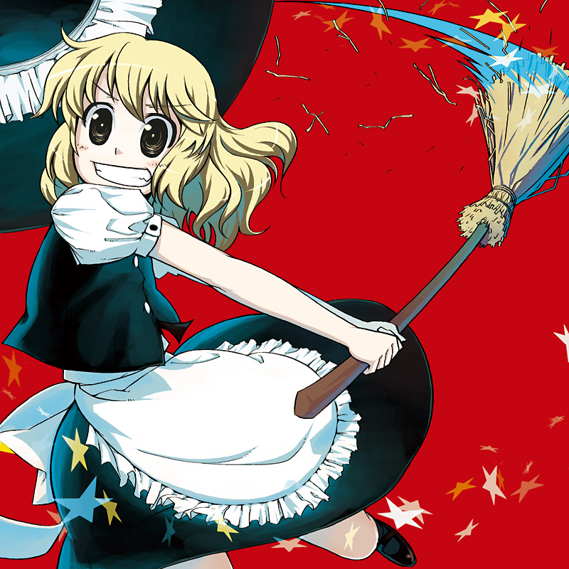 kabayaki unagi, kirisame marisa, touhou, 1girl, apron, blonde hair, blush, broom, female focus, frilled apron, frills, hat, open mouth, puffy short sleeves, puffy sleeves, shirt, short sleeves, simple background, skirt, skirt set, smile, solo, star (symbol), vest, white shirt