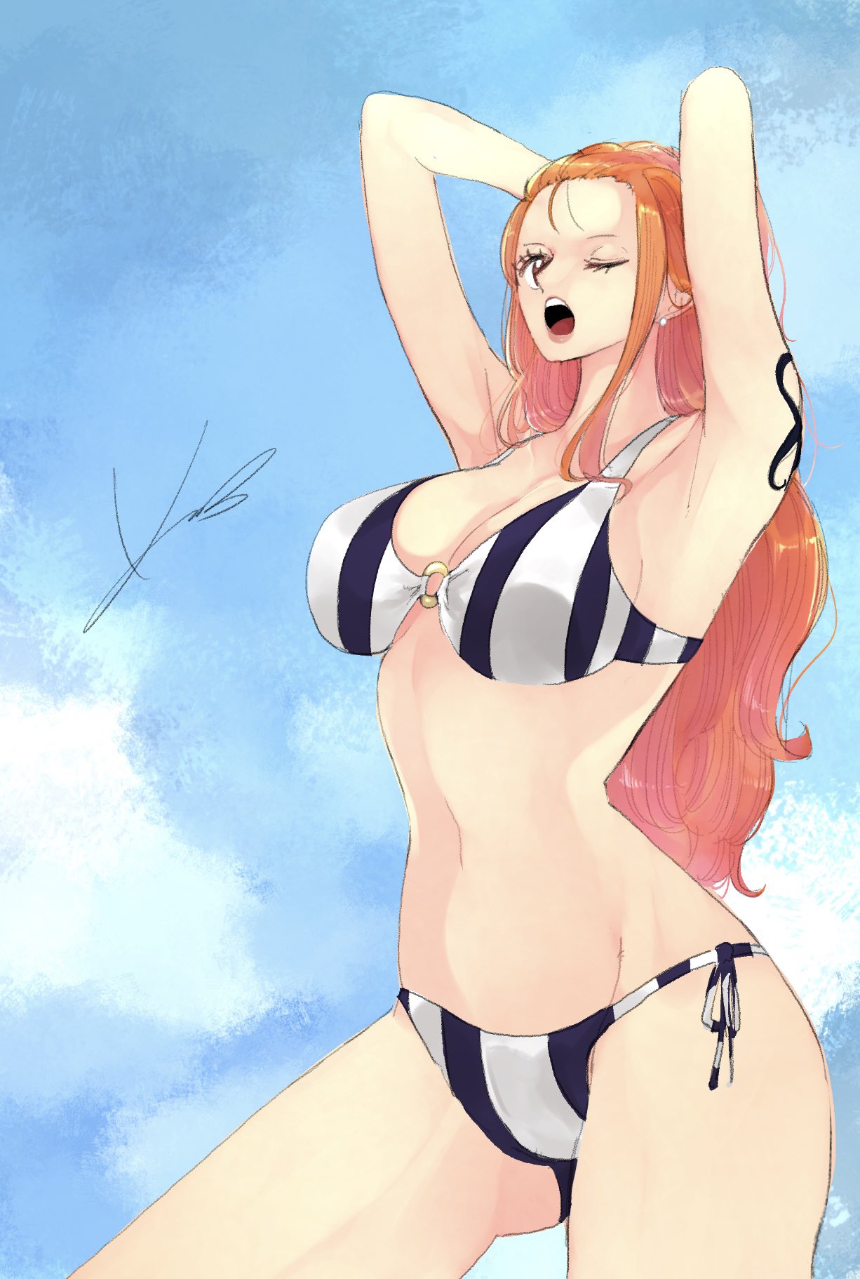 kamat 73, nami (one piece), one piece, one piece: strong world, 1girl, armpits, arms up, bikini, breasts, curvy, gluteal fold, huge breasts, large breasts, long hair, looking at viewer, multicolored bikini, o-ring, o-ring bikini, one eye closed, open mouth, orange hair, purple bikini, shoulder tattoo, solo, striped bikini, striped clothes, swimsuit, tattoo, thick thighs, thighs, two-tone bikini, white bikini, wide hips