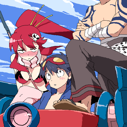 takenashi eri, kamina (ttgl), lagann, simon (ttgl), yoko littner, tengen toppa gurren lagann, lowres, 00s, 1girl, 2boys, arm tattoo, between breasts, bikini, bikini top only, breasts, breasts apart, cowboy shot, day, frown, half-closed eyes, head out of frame, high collar, high ponytail, lower body, mecha, multiple boys, oekaki, outdoors, parted bangs, ponytail, robot, scarf, scowl, sitting, standing, strap between breasts, striped clothes, striped scarf, swimsuit, tattoo, thighhighs, topless male, v-shaped eyebrows
