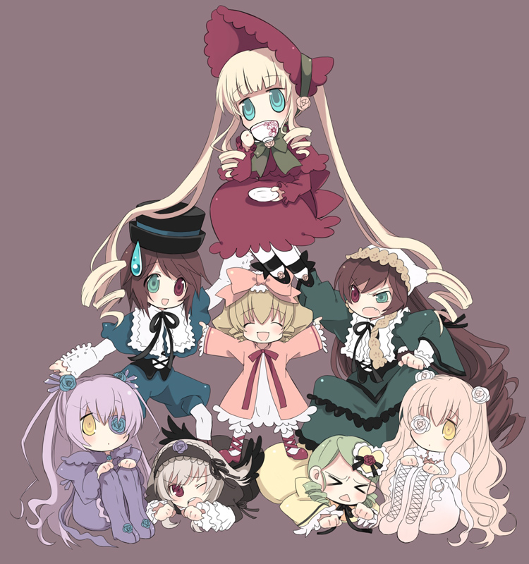 shiratama shima, barasuishou, hinaichigo, kanaria, kirakishou, shinku, souseiseki, suigintou, suiseiseki, rozen maiden, 00s, 6+girls, black bow, blonde hair, blue dress, blue eyes, blush, boots, bow, brown hair, closed eyes, cup, dress, everyone, flower, flower eyepatch, frills, green dress, green eyes, green hair, happy, long hair, long sleeves, multiple girls, one eye closed, open mouth, pink bow, pink hair, plate, purple dress, purple hair, red bow, red dress, red eyes, rose, shoes, short hair, simple background, teacup, teardrop, teeth, yellow eyes