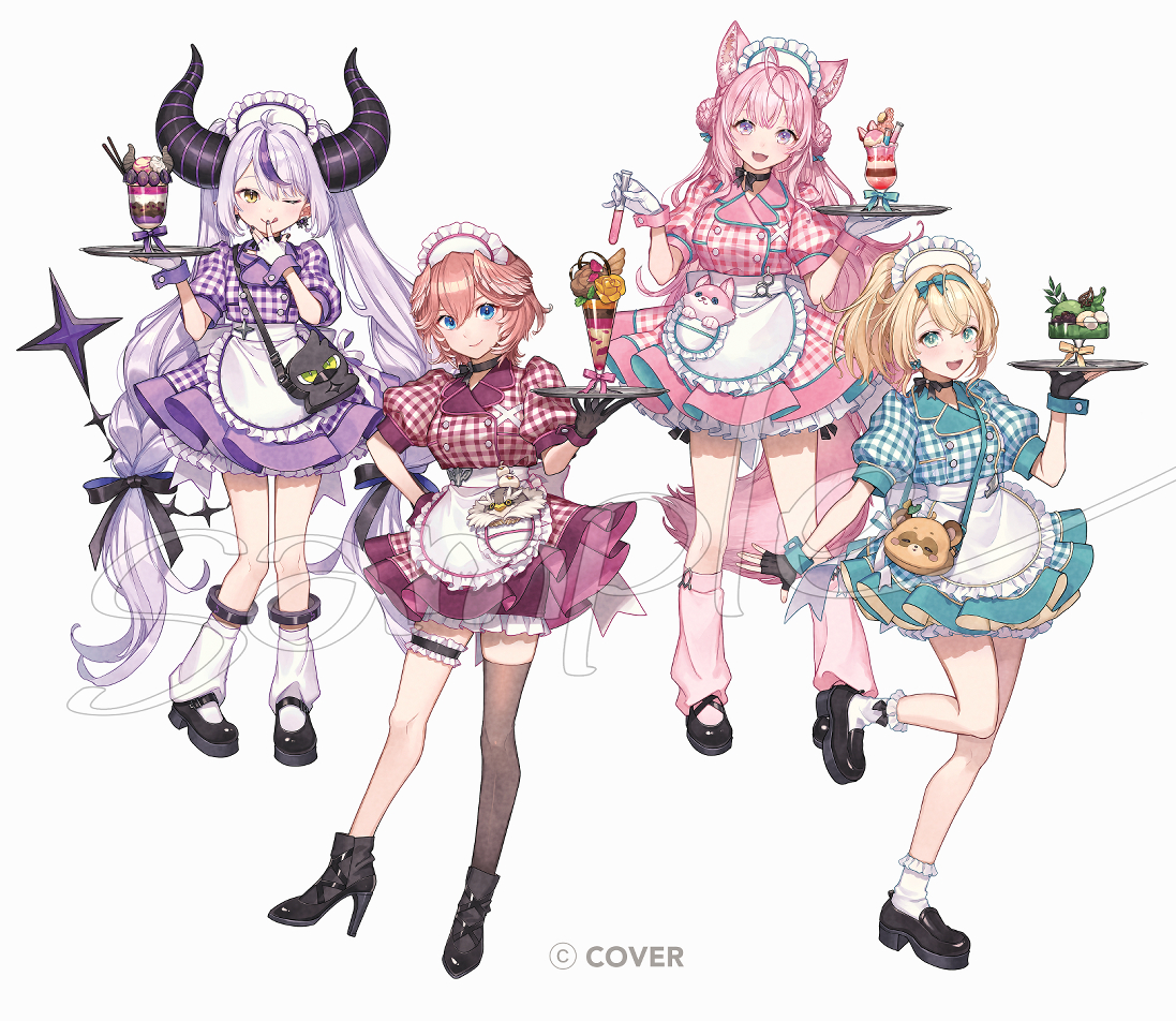 cherico, crow (la+ darknesss), ganmo (takane lui), hakui koyori, kazama iroha, kokoro (hakui koyori), la+ darknesss, pokobee, takane lui, hololive, holox, commentary request, official art, 4girls, :d, ;q, absurdly long hair, ahoge, animal ears, antenna hair, apron, aqua dress, black boots, black gloves, black horns, black shoes, black thighhighs, blonde hair, blue eyes, boots, braid, braided bangs, braided bun, buttons, closed mouth, copyright notice, crown braid, demon horns, double-breasted, double-parted bangs, double bun, dress, fingerless gloves, frilled apron, frilled thigh strap, frills, full body, gingham dress, gloves, grey hair, hair between eyes, hair bun, head wings, high heel boots, high heels, holding, holding tray, horns, leg warmers, long hair, looking at viewer, mary janes, multicolored hair, multiple girls, official alternate costume, one eye closed, open mouth, pink dress, pink hair, pink leg warmers, pink wings, platform shoes, pointy ears, ponytail, puffy short sleeves, puffy sleeves, purple dress, purple hair, sample watermark, shoes, short hair, short sleeves, sidelocks, single thighhigh, slit pupils, smile, socks, standing, standing on one leg, streaked hair, striped horns, tail, thigh strap, thighhighs, tongue, tongue out, tray, twintails, very long hair, virtual youtuber, waist apron, watermark, wavy hair, white apron, white gloves, white leg warmers, white socks, wings, wolf ears, wolf girl, wolf tail, wrist cuffs, yellow eyes