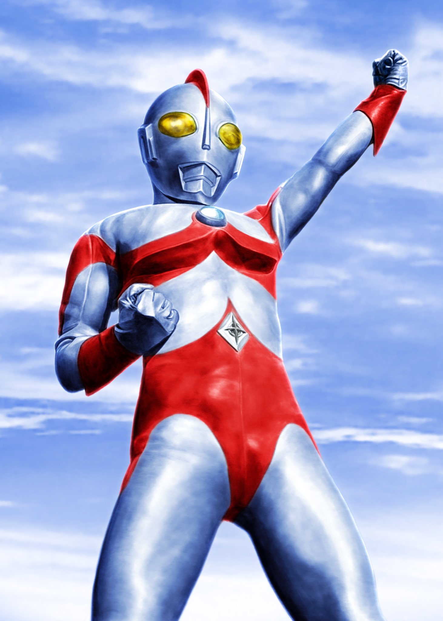 kaneko taiki, ultraman 80, ultra series, ultraman 80 (series), commentary, highres, 1boy, alien, arm guards, arm up, blue sky, clenched hands, cloud, cloudy sky, color timer, colored skin, compound eyes, cowboy shot, day, diamond-shaped buckle, diamond (shape), dorsal fin, giant, giant male, glowing, glowing eyes, hand on own stomach, legs apart, looking up, male focus, multicolored skin, outdoors, pectorals, raised fist, red skin, silver skin, sky, solo, standing, tokusatsu, toned, toned male, two-tone skin, wrinkled skin, yellow eyes