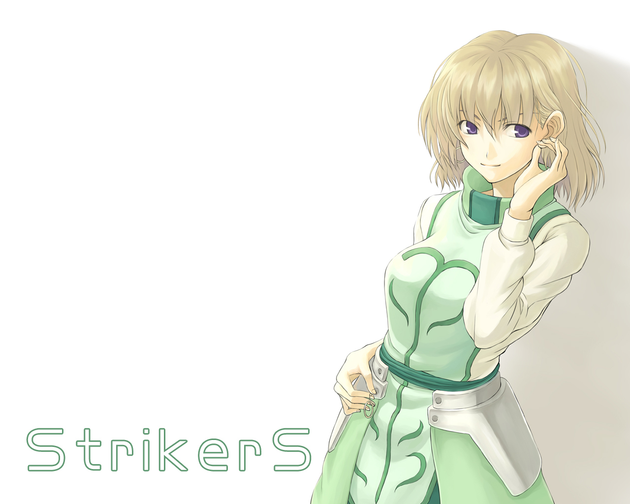 nakayama yukiji, klarwind, shamal, lyrical nanoha, mahou shoujo lyrical nanoha, mahou shoujo lyrical nanoha strikers, 00s, 1girl, blonde hair, copyright name, earrings, female focus, jewelry, magical girl, no headwear, solo, waist cape