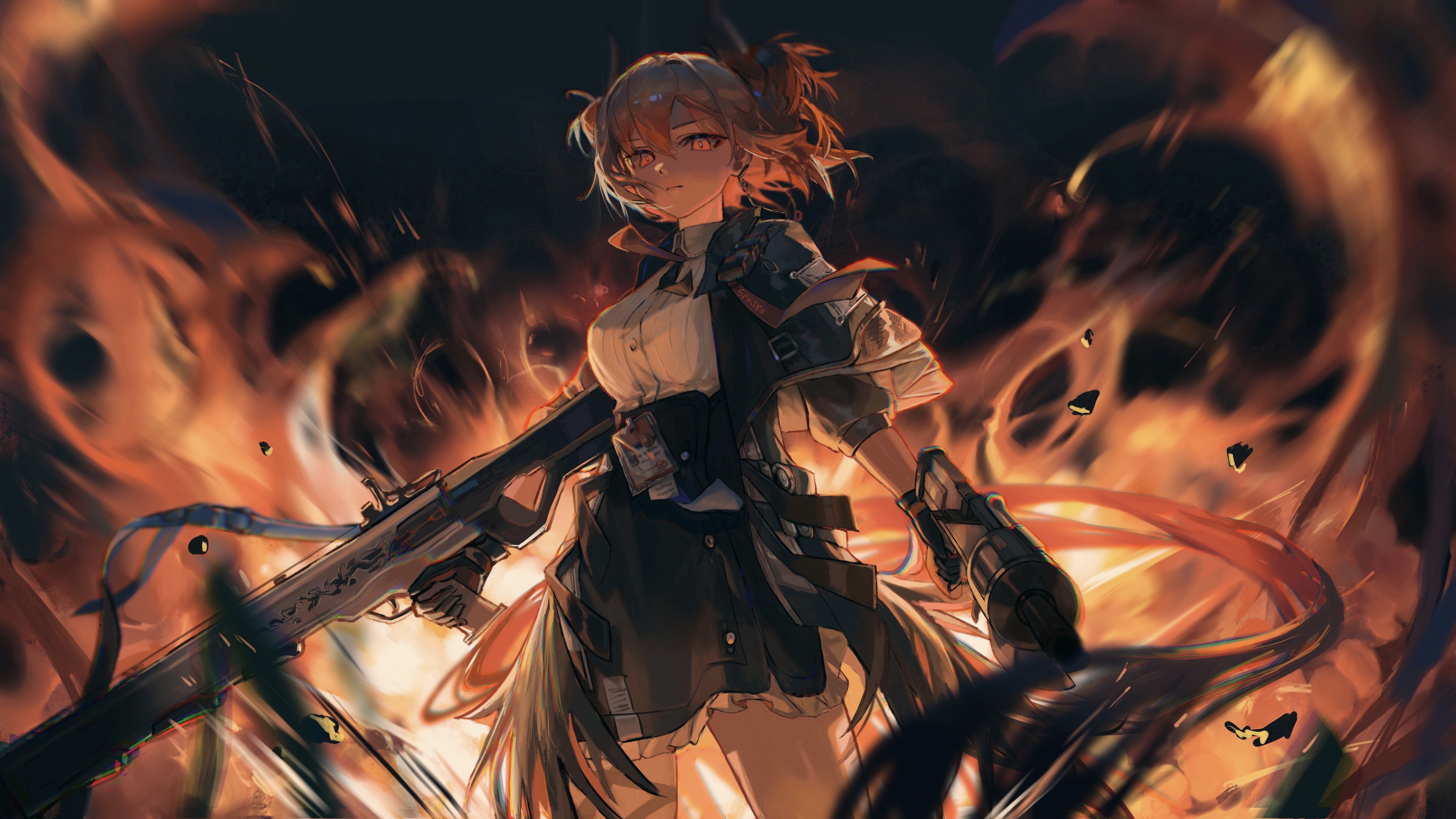 sakiyo, fiammetta (arknights), arknights, absurdres, commentary, highres, 1girl, animal ears, artist name, bird ears, bird girl, black gloves, black jacket, black skirt, breasts, bright pupils, collared shirt, cowboy shot, explosion, explosion background, frilled skirt, frills, gloves, grenade launcher, gun, high-waist skirt, holding, holding gun, holding weapon, jacket, large breasts, looking at viewer, open clothes, open jacket, red eyes, red hair, rifle, serious, shirt, short hair, skirt, solo, weapon, white pupils, white shirt