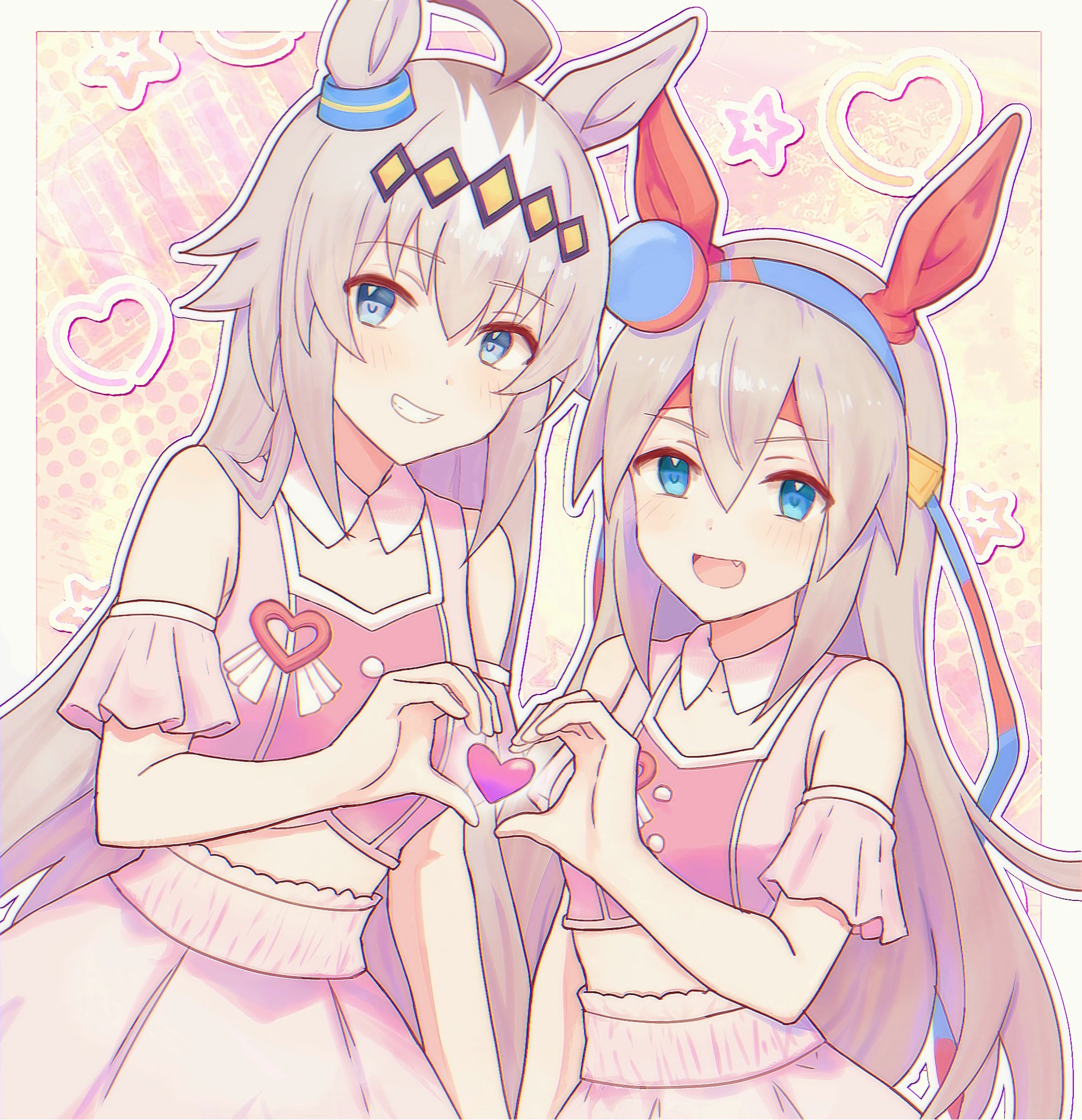 oguri cap (umamusume), tamamo cross (umamusume), umamusume, commentary, hashtag-only commentary, highres, symbol-only commentary, 2girls, :d, abstract background, ahoge, animal ears, arm at side, armpit crease, bare shoulders, blue eyes, blue hairband, blue ribbon, border, clenched teeth, collarbone, cropped shirt, detached collar, detached sleeves, diamond hairband, dot nose, ear covers, fang, frilled sleeves, frills, grey hair, grin, hair between eyes, hairband, headband, heart, heart hands, heart hands duo, heart in heart hands, heart ornament, horse ears, horse girl, long hair, long ribbon, looking at viewer, meni shuki rush-sshu!, midriff, multicolored hair, multiple girls, official alternate costume, open mouth, outline, outside border, pink shirt, pink skirt, pink sleeves, red hairband, red headband, red ribbon, ribbon, shirt, side-by-side, skirt, sleeveless, sleeveless shirt, smile, star (symbol), streaked hair, striped clothes, striped hairband, striped ribbon, taa in1, teeth, two-tone hairband, two-tone ribbon, white border, white outline, white trim