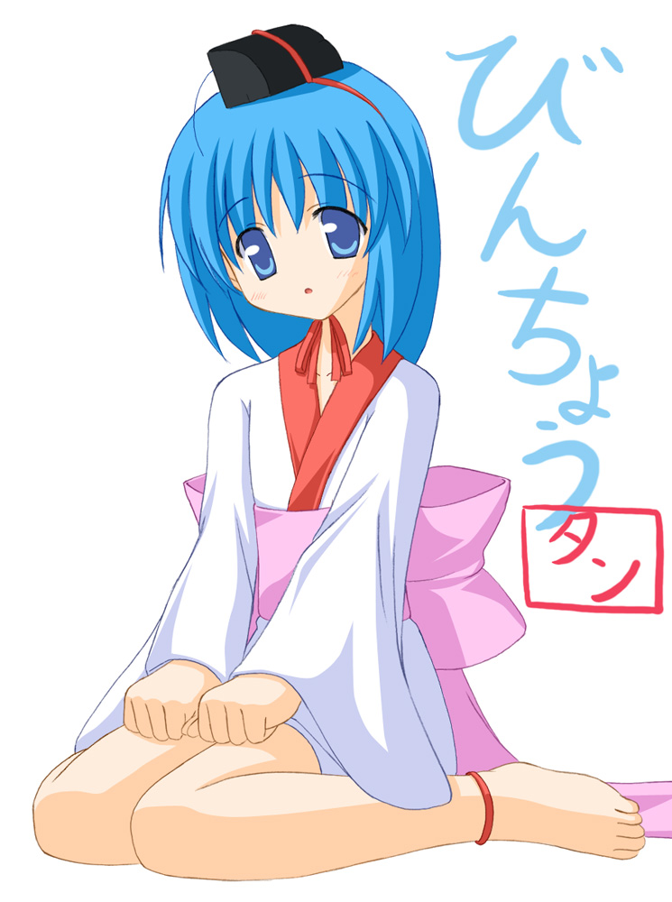 uehiro, binchou-tan (character), binchou-tan, translation request, 00s, 1girl, barefoot, blue eyes, blue hair, female focus, matching hair/eyes, sitting, solo, wariza