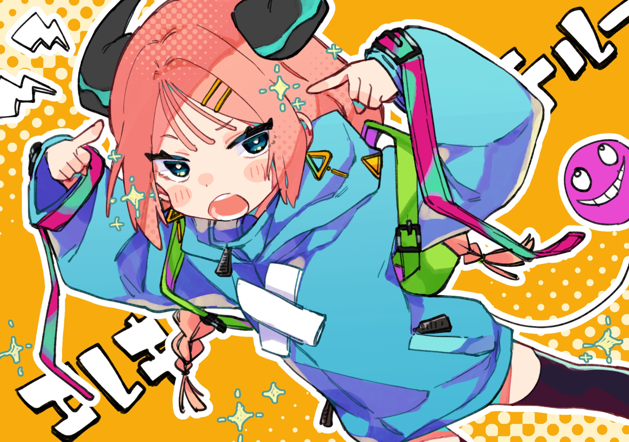 notamaru 2, original, commentary request, highres, 1girl, ako-chan (notamaru 2), black horns, black thighhighs, blue hoodie, blush stickers, braid, feet out of frame, green eyes, hair ornament, hairclip, hands up, hood, hood down, hoodie, horns, long hair, long sleeves, open mouth, outline, parallel hairclips, pink hair, solo, standing, thighhighs, twin braids, white outline, yellow background