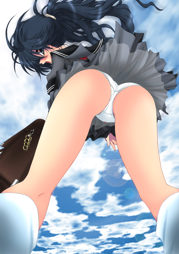 odagiri sakura, original, 1girl, bag, blue eyes, blue hair, female focus, from below, matching hair/eyes, panties, pantyshot, school bag, school uniform, serafuku, solo, surprised, underwear