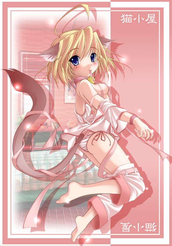 ramda, animal ears, bell, blonde hair, blue eyes, cat ears, cat tail, collar, neck bell, panties, side-tie panties, solo, striped clothes, striped panties, tail, underwear