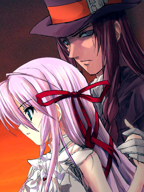 moritan, al azif (demonbane), azrad, demonbane, light purple hair, 00s, 1boy, 1girl, bow, couple, hair bow, hat, hetero, top hat
