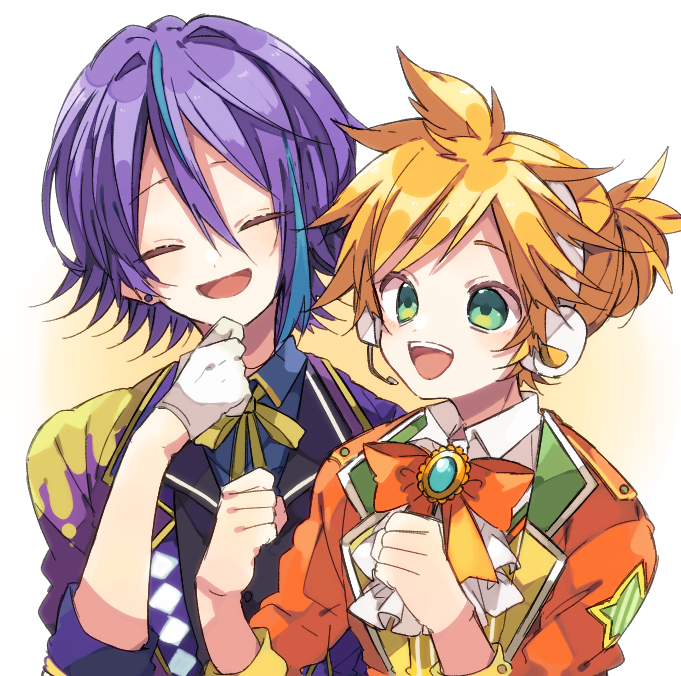 kaho 0102, kagamine len, kamishiro rui, project sekai, vocaloid, commentary request, 2boys, :d, blonde hair, blue hair, closed eyes, collared shirt, double-parted bangs, green eyes, headset, jacket, long sleeves, male focus, multicolored hair, multiple boys, neck ribbon, open clothes, open jacket, open mouth, orange jacket, purple hair, purple jacket, ribbon, shirt, short hair, smile, streaked hair, two-tone hair, upper body, vest, white shirt, yellow ribbon, yellow vest