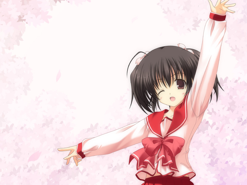moritan, yuzuhara konomi, to heart (series), to heart 2, 00s, 1girl, ;o, arm up, black hair, blush, bow, brown eyes, collarbone, female focus, hair bow, midriff peek, one eye closed, open mouth, outstretched arms, pink bow, pleated skirt, red skirt, school uniform, serafuku, skirt, solo, twintails