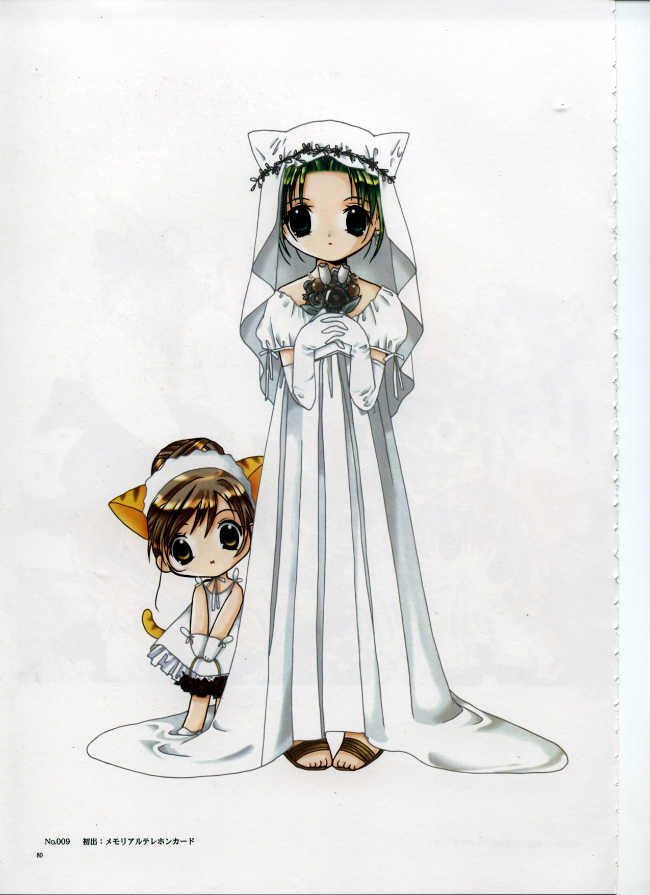 koge donbo, dejiko, puchiko, di gi charat, highres, official art, 2girls, alternate hairstyle, animal ears, bride, cat ears, child, dress, multiple girls, veil, wedding dress, x mouth