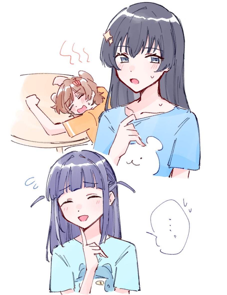 zangemiya, aijou karen, kagura hikari, tsuyuzaki mahiru, shoujo kageki revue starlight, commentary, symbol-only commentary, …, 3girls, ^ ^, animal print, arm at side, arms on table, arms up, bear print, black hair, blue eyes, blue shirt, blush, brown hair, cat print, closed eyes, collarbone, cropped torso, crown hair ornament, finger to own chin, flying sweatdrops, hair ornament, hairclip, hand up, head on table, hot, long hair, multiple girls, open mouth, orange shirt, print shirt, purple hair, round table, shirt, shirt tug, short hair, short sleeves, simple background, smile, sparkle hair ornament, speech bubble, spoken ellipsis, spoken sweatdrop, sweat, sweatdrop, table, two side up, upper body, wavy mouth, white background