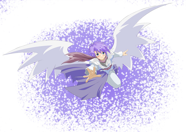 1girl, androgynous, blue eyes, blue hair, blush, female focus, flying, matching hair/eyes, outstretched hand, pants, purple background, purple hair, purple theme, smile, solo, wings