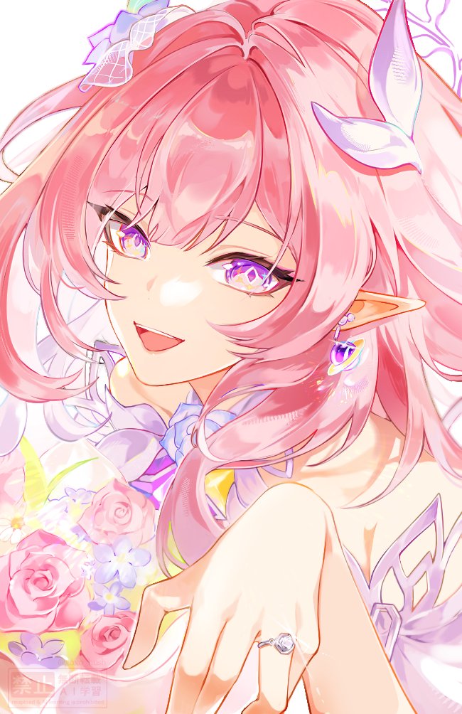 hush (xoxo hush), cyrene (honkai: star rail), cyrene (ripples of past reverie) (honkai: star rail), honkai: star rail, honkai (series), commentary, symbol-only commentary, 1girl, bare shoulders, diamond-shaped pupils, diamond (shape), dress, earrings, halo, jewelry, long hair, looking at viewer, open mouth, pink hair, pointy ears, purple eyes, ring, simple background, smile, solo, symbol-shaped pupils, very long hair, wedding ring, white background, white dress