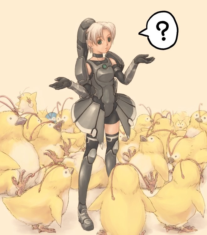 al rappy, racaseal, rappy, shino (phantasy star online), phantasy star, phantasy star online, sepia background, 1girl, ?, alternate color, android, animal, armor, bird, black thighhighs, boots, choker, creature, dress, elbow gloves, flat chest, gloves, grey eyes, looking at viewer, odd one out, ponytail, short hair, shrugging, skirt, speech bubble, spoken question mark, thigh boots, thighhighs, too many, white hair, zettai ryouiki