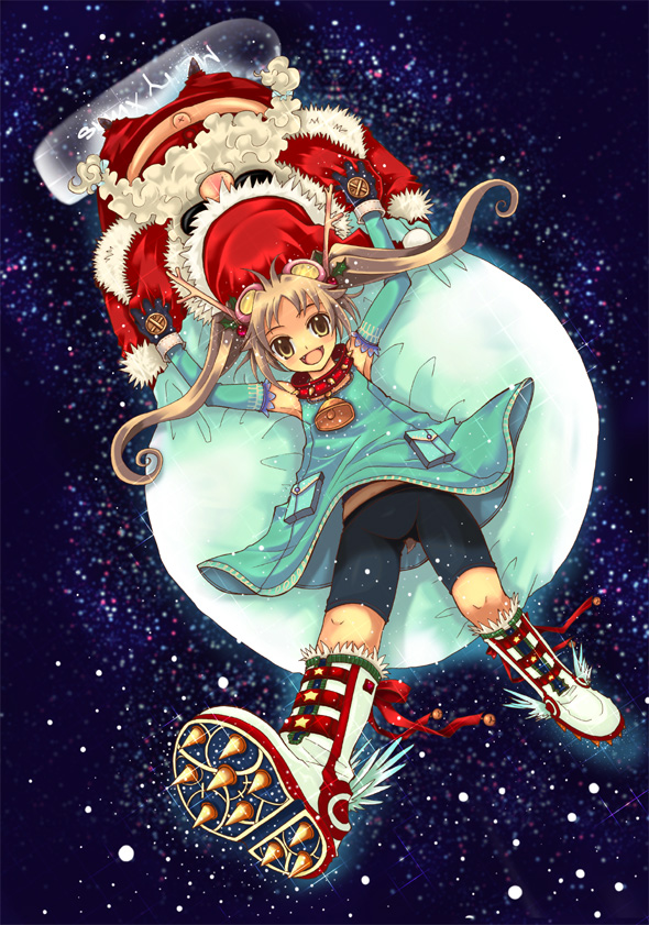 sakurai unan, winged footwear, 1boy, 1girl, animal ears, antlers, bell, bike shorts, christmas, collar, cowbell, deer ears, horns, neck bell, reindeer, shoes, snow boots, twintails, wings